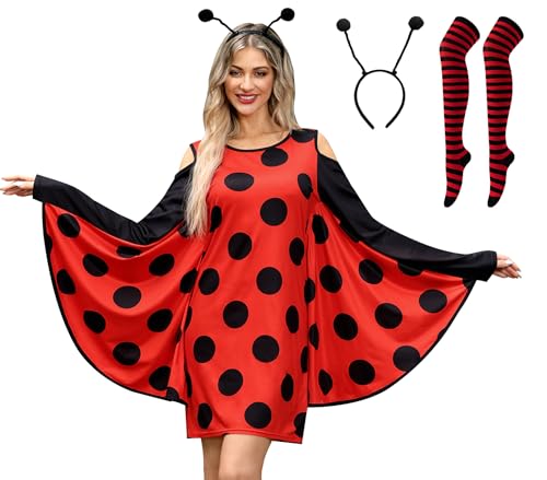 Maisolly Damen Cold Shoulder Halloween Insektenflügel Kostüm Kleid, Marienkäfer, Rot, Small Maisolly Damen Cold Shoulder Halloween Insektenflügel Kostüm Kleid, Marienkäfer, Rot, Small von Maisolly