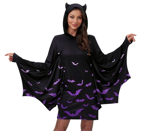 Maisolly Damen Halloween Umhang Umhang Poncho Ärmel Hoodie Kleid Fledermaus Flügel Cosplay Kostüm, Schwarz-violette Fledermaus, XXL von Maisolly