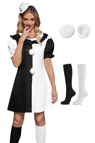 Maisolly Halloween Damen Cosplay Kurzarm Party Gruselfilm Kostüm Kleid, Schwarz Weiß, XXL von Maisolly