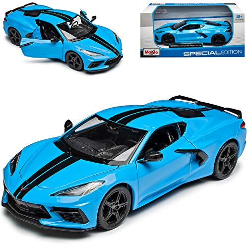 Chevrolet Chevy Corvette C8 Singray Coupe Hell Blau mit Streifen in Schwarz Ab 2020 1/24 Modell Auto von Maisto Chevrolet