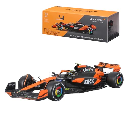 Bburago Formel 1 McLaren MCL38 (2024): Modellauto im Maßstab 1:24, mit Fahrer #4 Lando Norris, Hardcase, 26,1 cm, orange schwarz (18-28033N) von Bburago