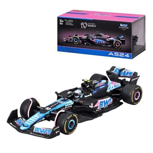 Bburago Formel 1 Alpine A524 Bahrain Version (2024): Modellauto im Maßstab 1:43, Sondermodell, mit Fahrer #10 Pierre Gasly, Hardcase, 12,5 cm, blau pink (18-38220G) von Bburago
