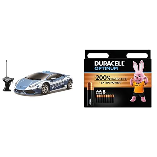 Maisto 581271 - Ferngesteuertes Modellauto 1:14 Lamborghini Huracan LP 610-4 Polizei, blau + Duracell Optimum Batterien AA, 8 Stück, bis zu 200% zusätzliche Lebensdauer oder extra Power von Maisto