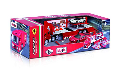 Maisto Ferrari Evolution Hauler: Rennsport-Transporter-Spielset, Rampe, Heckklappe und Seitenwand zum Öffnen, inkl. 2 Spielzeugautos, cm, rot (512388) von Maisto