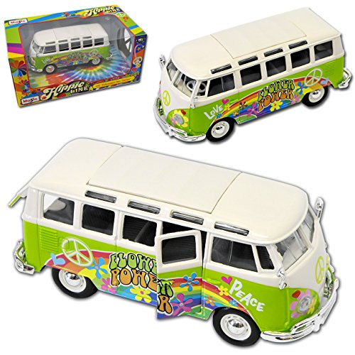 Maisto Volkwagen T1 Grün Hippie Flower Power Samba Bully Bus 1950-1967 1/25 1/24 Modell Auto von Maisto