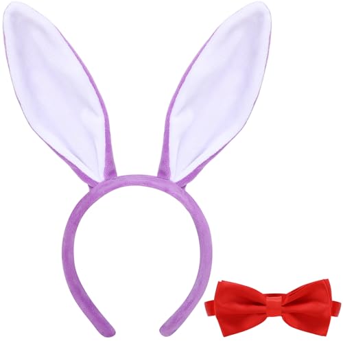 Maiteenly 2-teiliges lila Hasen-Kostüm-Set mit violettem Stirnband und roter Fliege, biegbare Hasenohren, Cosplay-Kopfbedeckung, Haarreifen und verstellbare Fliege für Erwachsene, Halloween, Cosplay von Maiteenly