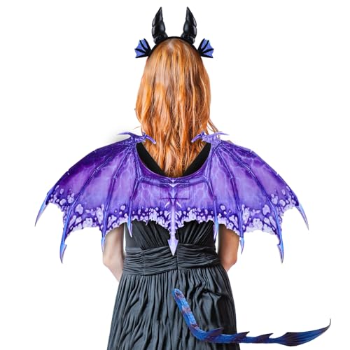 Maiteenly 3-teiliges Halloween-Drachen-Kostüm-Zubehör-Set, Drachenhörner, Stirnband, Teufelsflügel, blau, lila, Dämonenschwanz für Halloween, Verkleidungen von Maiteenly
