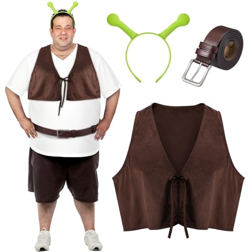 Maiteenly 3-teiliges Halloween-Monster-Kostüm-Set mit grünem Haarreifen, Weste, Gürtel für Erwachsene, Ogermonster, Halloween, Party, Cosplay von Maiteenly
