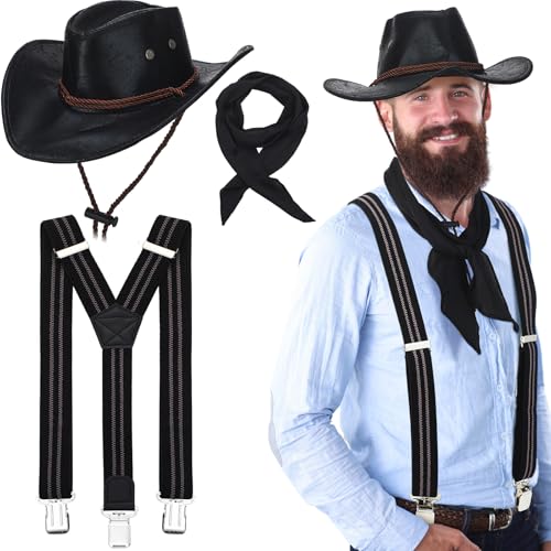 Maiteenly 3-teiliges Halloween-Western-Kopfgeldjäger-Zubehör-Set beinhaltet Lederhut, Premium-Herren-Hosenträger mit Y-Rücken, solider reiner Schal für Damen und Herren, mittelalterliches Maiteenly 3-teiliges Halloween-Western-Kopfgeldjäger-Zubehör-Set beinhaltet Lederhut, Premium-Herren-Hosenträger mit Y-Rücken, solider reiner Schal für Damen und Herren, mittelalterliches von Maiteenly