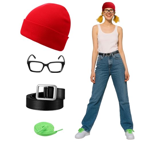 Maiteenly 4-teiliges Halloween-U-Bahn-Mädchen-Kostüm mit roten Mützen, quadratischer Brille, schwarzer Gürtel, grüne Schnürsenkel für Damen, Halloween-Party von Maiteenly