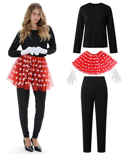 Maiteenly 4-teiliges Maus-Kostüm für Damen und Erwachsene, Maus-Kostüm mit roten Punkten, Tutu, schwarzer Body-Set, weiße Handschuhe für Halloween-Party (XX-Large) von Maiteenly