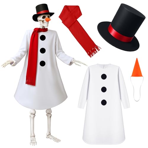 Maiteenly 4-teiliges Weihnachts-Schneemann-Kostüm-Zubehör-Set mit weißem Schneemann-Outfit, Zylinder, rotem Schal und falscher Nase für den Winter, 3,6 m, Skelett-Verkleidung, Weihnachten, Party Maiteenly 4-teiliges Weihnachts-Schneemann-Kostüm-Zubehör-Set mit weißem Schneemann-Outfit, Zylinder, rotem Schal und falscher Nase für den Winter, 3,6 m, Skelett-Verkleidung, Weihnachten, Party von Maiteenly