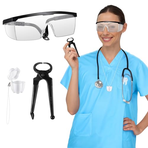 Maiteenly 4-teiliges Zahnarzt-Kostüm-Zubehör-Set, blau, Zahnarzt-Kostüm, Brille, Simulations-Clip-Zähne, Unisex, Erwachsenengröße, für Halloween-Events von Maiteenly