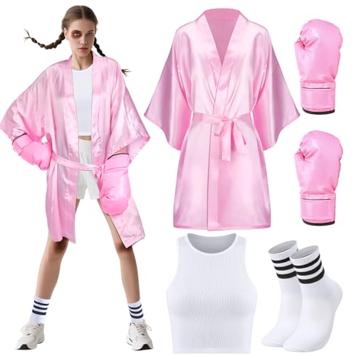 Maiteenly 5-teiliges Halloween-Box-Kostüm-Set für Erwachsene und Damen, rosa Boxer-Kostüm-Set mit Satin-Boxmantel, Gesichtsfarbe, Rosa/Weiß/Schwarz, M von Maiteenly