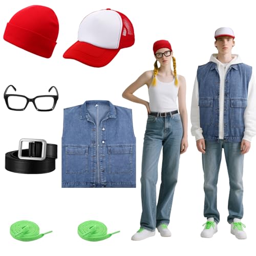 Maiteenly 7-teiliges Halloween-Kostüm, Trucker-Mütze, Jacke, rote Beanie, schwarzer Gürtel, quadratische Brillen, grüne Schnürsenkel für Halloween, U-Bahn-Spiel, Charakter, Cosplay-Party von Maiteenly