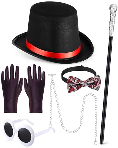 Maiteenly 7-teiliges schwarzes Zylinder-Kostüm-Set mit Zylinder, Zepter, Retro-Sonnenbrille, Fliege, lila Handschuhe, Hose, Kette, Taschenuhr, Kette, Halloween-Zubehör für Parade, Cosplay Maiteenly 7-teiliges schwarzes Zylinder-Kostüm-Set mit Zylinder, Zepter, Retro-Sonnenbrille, Fliege, lila Handschuhe, Hose, Kette, Taschenuhr, Kette, Halloween-Zubehör für Parade, Cosplay von Maiteenly