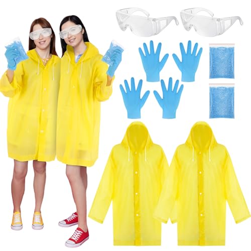 Maiteenly 8-teiliges Halloween-Kostüm-Set für Paare, enthält 2 gelbe Gefahrgut-Regenmäntel, 2 Schutzbrillen, 2 blaue Handschuhe, 2 Schaumstoffperlen für Halloween-Party für Erwachsene von Maiteenly