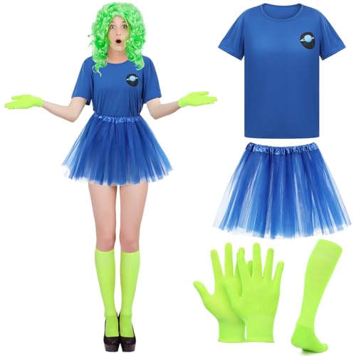 Maiteenly Alien-Kostüm, Halloween-Kostüm, Blau, T-Shirt, Tutu, Röcke, Alien-Handschuhsocken, für Halloween, Erwachsene, Damen, Cosplay, 4 Stück, Blau und fluoreszierendes Grün, XL von Maiteenly