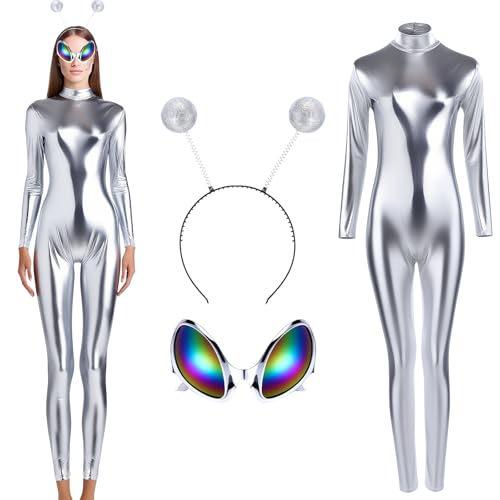 Maiteenly Damen Glänzender Metallischer Einteiler Bodysuit Catsuit Alien Stirnband und Brille Halloween Overall Kostüm Zubehör, silber, M Maiteenly Damen Glänzender Metallischer Einteiler Bodysuit Catsuit Alien Stirnband und Brille Halloween Overall Kostüm Zubehör, silber, M von Maiteenly