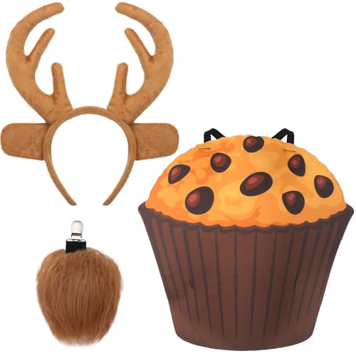 Maiteenly Give Elch Muffin Halloween Kostüm Zubehör Set für Erwachsene Männer Frauen Riesiges Elchgeweih Stirnband Schwanz Muffin Kostüm für Halloween Cosplay Buch Charakter Tag Braun von Maiteenly