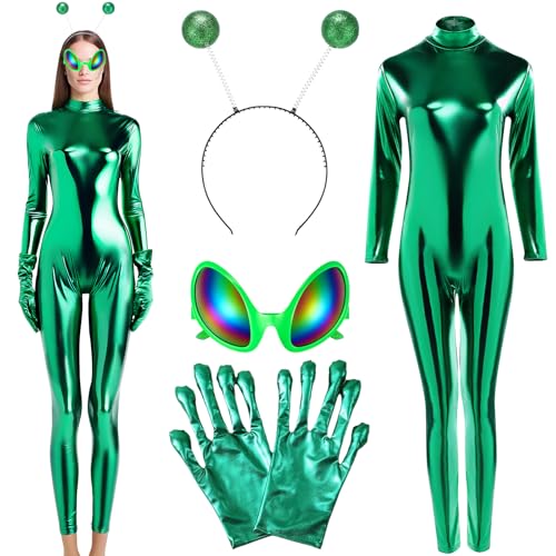Maiteenly Glänzender metallischer Einteiler für Damen, Catsuit, Catsuit, Halloween, Cosplay, Kostüm, Zubehör, Alien, Stirnband, Brille, Handschuhe, Grün , L Maiteenly Glänzender metallischer Einteiler für Damen, Catsuit, Catsuit, Halloween, Cosplay, Kostüm, Zubehör, Alien, Stirnband, Brille, Handschuhe, Grün , L von Maiteenly