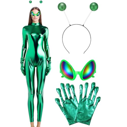 Maiteenly Glänzender metallischer Einteiler für Damen, Catsuit, Catsuit, Halloween, Cosplay, Kostüm, Zubehör, Alien, Stirnband, Brille, Handschuhe, Grün , XXL von Maiteenly