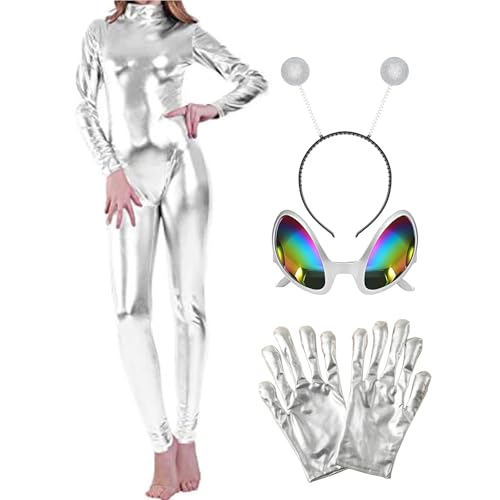 Maiteenly Glänzender metallischer Einteiler für Damen, Catsuit, Catsuit, Halloween, Cosplay, Kostüm, Zubehör, Alien, Stirnband, Brille, Handschuhe, silber, M Maiteenly Glänzender metallischer Einteiler für Damen, Catsuit, Catsuit, Halloween, Cosplay, Kostüm, Zubehör, Alien, Stirnband, Brille, Handschuhe, silber, M von Maiteenly