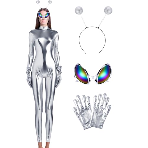 Maiteenly Glänzender metallischer Einteiler für Damen, Catsuit, Catsuit, Halloween, Cosplay, Kostüm, Zubehör, Alien, Stirnband, Brille, Handschuhe, silber, XL von Maiteenly