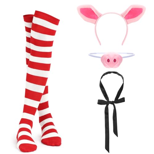 Maiteenly Halloween Cosplay Kostüme Zubehör Schweineohr-Stirnband Nase Krawatte Streifen Socken für Halloween Cosplay Party, Rot/Weiß, Socks size: about 20.5 inches long Maiteenly Halloween Cosplay Kostüme Zubehör Schweineohr-Stirnband Nase Krawatte Streifen Socken für Halloween Cosplay Party, Rot/Weiß, Socks size: about 20.5 inches long von Maiteenly