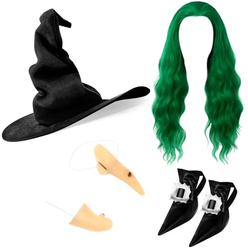 Maiteenly Halloween-Hexen-Cosplay-Party-Kostüm-Zubehör-Set, Hexenhut, Haarperücke, Schuhüberzüge, Nasenkinn für Erwachsene, Grün , suitable for adult von Maiteenly