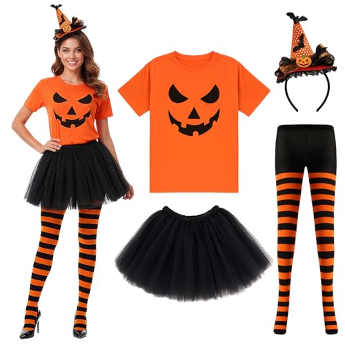 Maiteenly Halloween-Kostüm-Set, Kürbis-T-Shirt, Fledermaus-Stirnband, gestreifte Strumpfhose, Tutu, Ballettrock für Damen, Halloween-Party, 4-teilig, Orange, Schwarz, L von Maiteenly