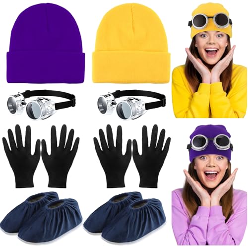 Maiteenly Halloween-Kostüm-Zubehör, Gelb, Lila, Mütze, Brille, Handschuhe, Schuhüberzug, Erwachsene, Cosplay-Set, 8 Stück von Maiteenly