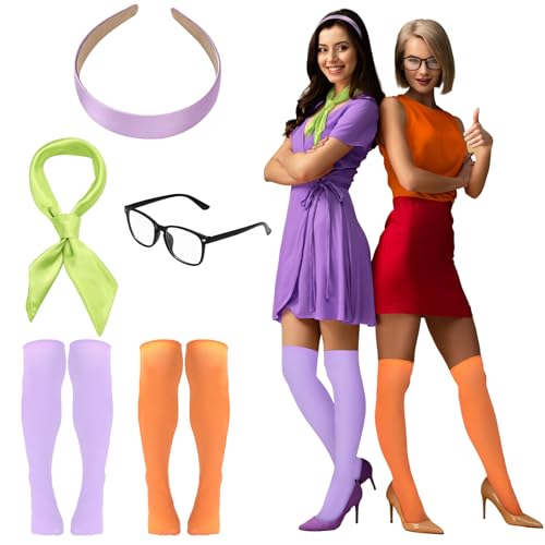 Maiteenly Halloween-Kostüm-Zubehör für Damen, lila, Stirnband, grüner Schal, schwarze gefälschte Nerdbrille, 2 Stück Oberschenkelhohe Socken, Halloween-Party, Cosplay-Set Maiteenly Halloween-Kostüm-Zubehör für Damen, lila, Stirnband, grüner Schal, schwarze gefälschte Nerdbrille, 2 Stück Oberschenkelhohe Socken, Halloween-Party, Cosplay-Set von Maiteenly