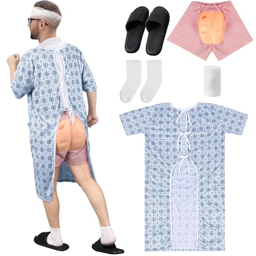 Maiteenly Patientenkleid, Party-Kostüm-Set für Erwachsene, Krankenhauskleid, lustige Shorts für Halloween, Cosplay, Party, Herren und Damen (klassischer Stil, XXL, Blau) von Maiteenly