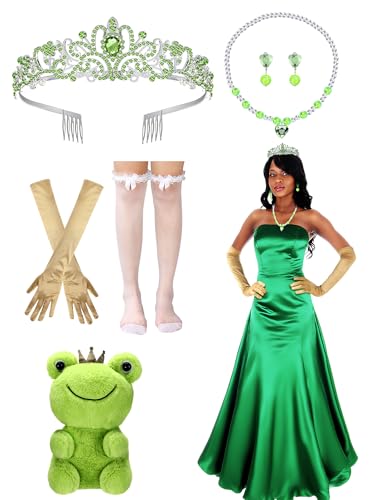 Maiteenly Prinzessinnen-Kostüm-Zubehör-Set, grüne Prinzessinnenkrone, Halskette, Ohrringe, Satin-Handschuhe, Seidenstrümpfe und Plüsch-Frosch-Puppe für Damen, Halloween, Cosplay, Geburtstag, Party von Maiteenly