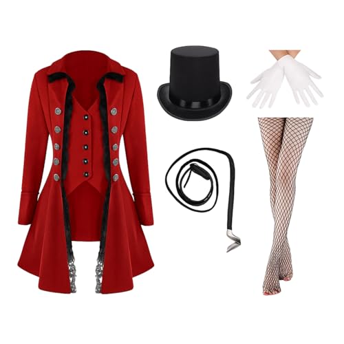 Maiteenly Ringmaster-Kostüm für Damen, Zirkus, Gothic, Jacke, Zylinder, Peitsche, Handschuhe, Netzstrümpfe für Halloween-Party, 5 Stück von Maiteenly