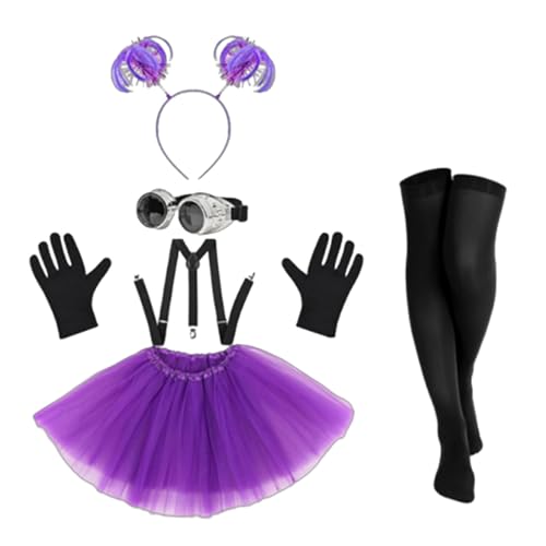 Maiteenly Violettes Halloween-Kostüm-Zubehör für Damen, violettes Tutu mit Hosenträgern, Pompon, Stirnband, Brille, Brille und schwarze hohe Socken, Handschuhe, 6 Stück Maiteenly Violettes Halloween-Kostüm-Zubehör für Damen, violettes Tutu mit Hosenträgern, Pompon, Stirnband, Brille, Brille und schwarze hohe Socken, Handschuhe, 6 Stück von Maiteenly