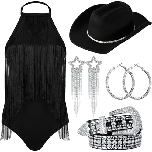 Maiteenly Western-Kostüm für Damen, schwarzer Cowgirl-Hut mit Strasssteinen, 70er-/80er-Jahre, Disco-Fransen, Bodysuit, Gürtel, Halskette, Ohrring (XX-Large) von Maiteenly