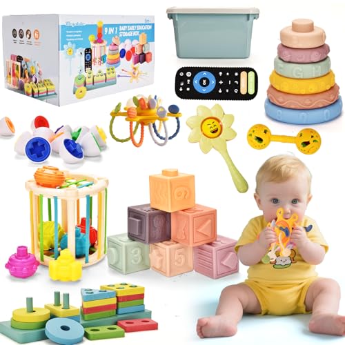 Montessori Spielzeug für Babys,Baby Spielzeug für 6 bis 12 Monate, 9 in 1 Stapelspielzeug&Sensorisches &Holz Sortier &Motorik,Lebensmittelqualität Silikon Bausteine Lernspielzeug für Kleinkinder von Majabike