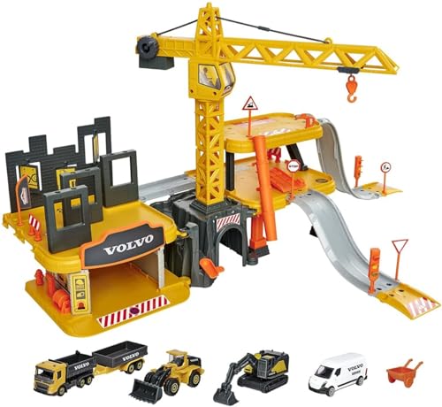 Majorette – Creatix Großbaustelle – XXL Baustellen-Spielset, mit 5 Volvo Baustellenfahrzeugen, Kran, Tunnel, Garage, drei Ebenen, für Jungen und Mädchen ab 5 Jahren von Majorette