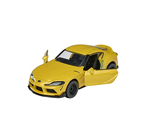 Majorette 212053052Q29 Premium Toyota Supra, Spielzeugauto, Freilauf, zu öffnende Teile, Federung, Sammelkarte, 1:64, 7,5 cm, gelb, für Kinder ab 3 Jahren von Majorette