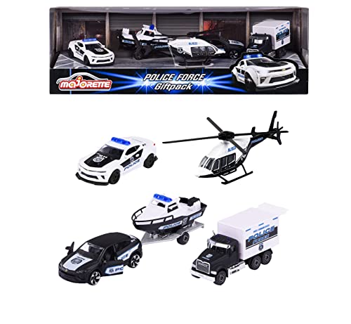 Majorette - Police Force Polizei-Fahrzeuge - Geschenk-Set mit 4 Spielzeugautos für Kinder ab 3 Jahren, Polizeiauto, Polizei-LKW, Polizei-Hubschrauber & Polizei-Anhänger mit Boot von Majorette