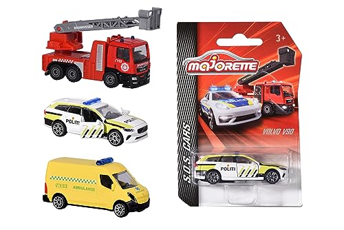 Majorette 212057182007 Norwegische Rettungsfahrzeuge Norwegische Rettungsfahrzeuge, Erhältlich als Feuerwehrfahrzeug, Volvo V90 Polizeiauto oder Krankenwagen, 7,5 cm, Ab 3(sortiert) von Majorette