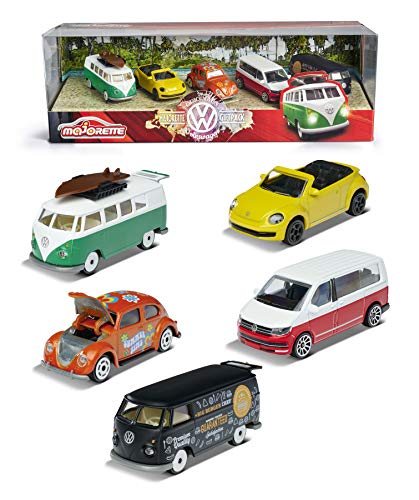 Majorette 212057615 Volkswagen Originals 5er-Geschenkset, Spielzeugautos mit Freilauf aus Metall, zu öffnende Teile, 7,5 cm von Majorette