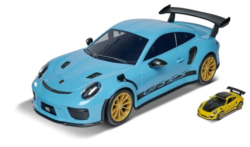 Majorette Porsche 911 GT3 RS Carry Case, Aufbewahrungsbox für 9 Autos (7,5 cm), mit original Porsche Sound, inkl. 1 Porsche 911 GTR RS Spielzeugauto in gelb, Batterien enthalten, 35 cm, blau von Majorette