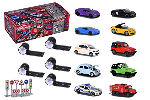 Majorette Playtape Mega Box, 5X selbstklebendes Straßenband a 4,5 Meter, 10 Die-Cast Autos, inkl. 8 Verkehrszeichen, 1:64, 7,5 cm von Smoby