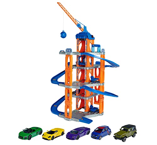Majorette – Motor Lift Center – XL Parkhaus inkl. 5 Spielzeugautos aus Metall, auf 5 Etagen, mit elektrischem Aufzug, Bahn, Werkstatt, Tankstelle, Waschstraße und Abrissbirne von Majorette