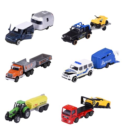 Majorette Auto City Trailer (1 Modellauto) - Spielzeugauto aus Metall mit Anhänger, Freilauf & beweglichen Teilen, zufällige Auswahl aus 6 Autos für Kinder ab 3 Jahre, je 7,5-13 cm von Majorette
