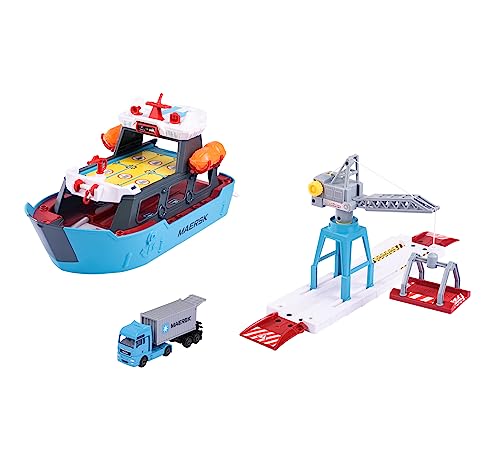 Majorette - Creatix Spielzeug-Hafen mit Container-Schiff - Maersk Logistik Hafenstation (45x29x24 cm) mit Frachtschiff, beweglichem Kran und Man Truck mit Container, für Kinder ab 5 Jahre von Majorette