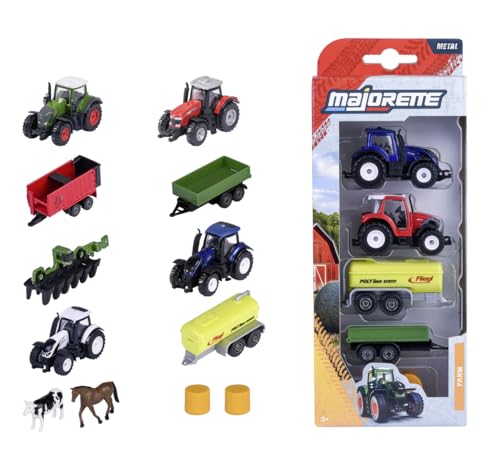 Majorette Auto-Set Farm (5 Teile) - Traktor-Spielzeug aus Metall mit Anhänger, Zubehör & beweglichen Teilen, zufällige Auswahl aus 2 Bauernhof-Sets für Kinder ab 3 Jahre, je ca. 7,5 cm von Majorette